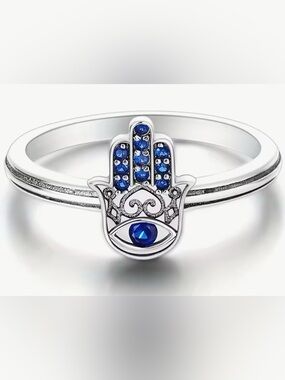 Sterling Silver 925 Blue Hamsa Evil Eye Ring Sparkle-NEW